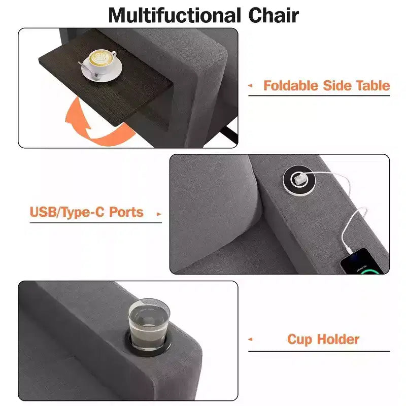 Fauteuil-lit convertible 3-en-1 de 42.5 pouces - canapé-lit inclinable extensible avec dossier réglable, ports de recharge USB, porte-gobelet