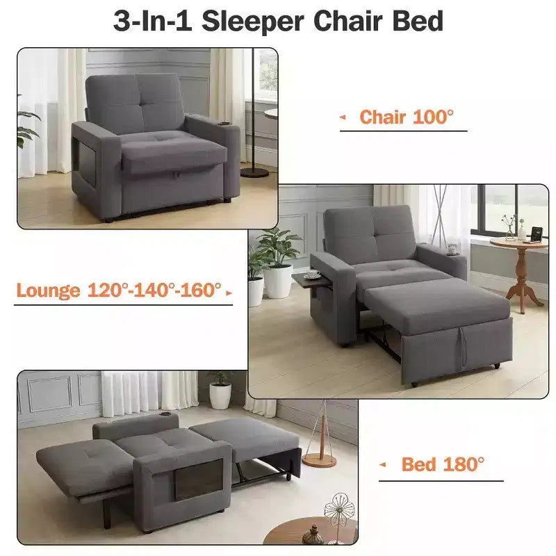 Fauteuil-lit convertible 3-en-1 de 42.5 pouces - canapé-lit inclinable extensible avec dossier réglable, ports de recharge USB, porte-gobelet