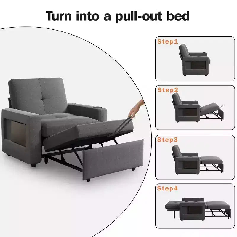 Fauteuil-lit convertible 3-en-1 de 42.5 pouces - canapé-lit inclinable extensible avec dossier réglable, ports de recharge USB, porte-gobelet