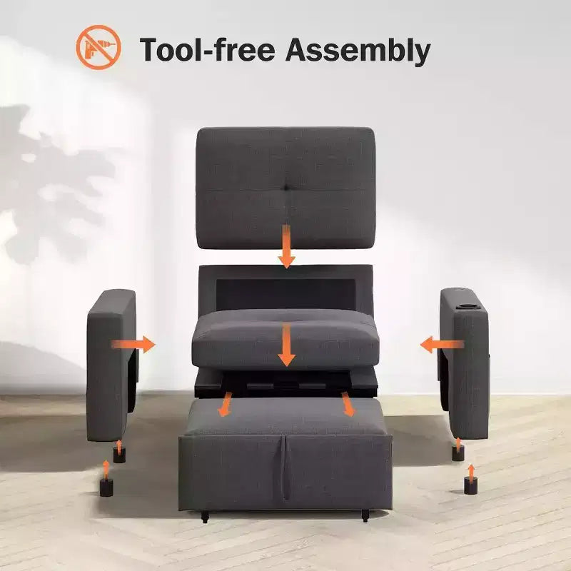 Fauteuil-lit convertible 3-en-1 de 42.5 pouces - canapé-lit inclinable extensible avec dossier réglable, ports de recharge USB, porte-gobelet