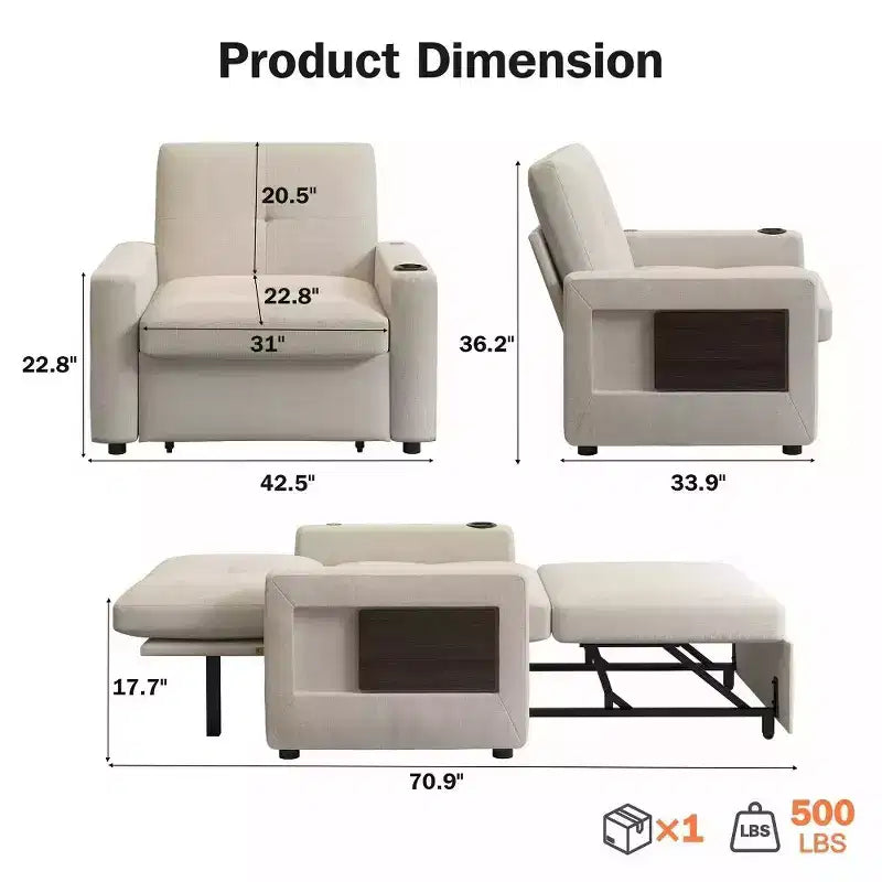 Fauteuil-lit convertible 3-en-1 de 42.5 pouces - canapé-lit inclinable extensible avec dossier réglable, ports de recharge USB, porte-gobelet