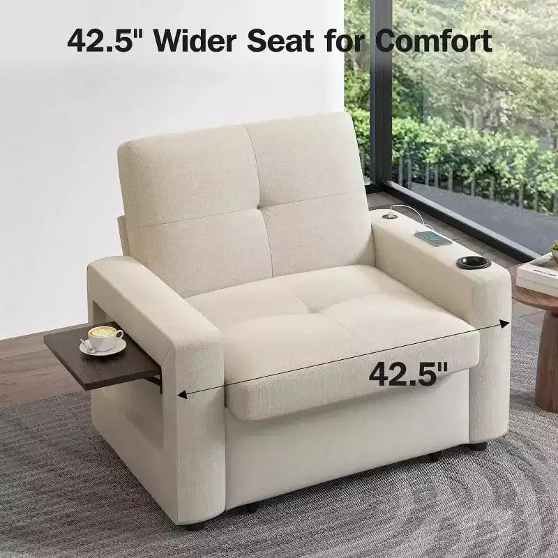 Fauteuil-lit convertible 3-en-1 de 42.5 pouces - canapé-lit inclinable extensible avec dossier réglable, ports de recharge USB, porte-gobelet