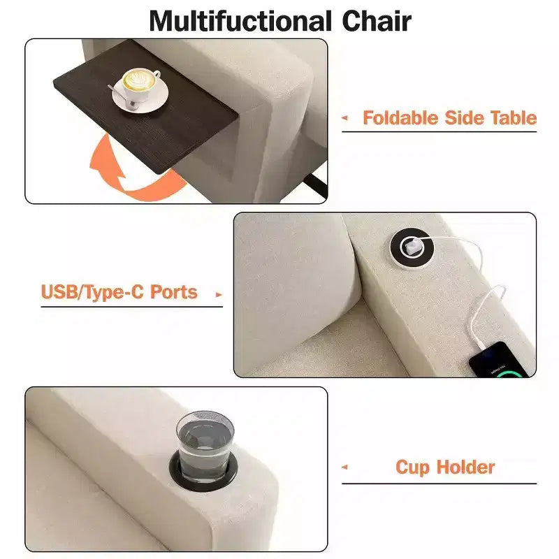 42.5 3-in-1-Schlafsessel - ausziehbares Schlafsofa mit Relaxfunktion und verstellbarer Rückenlehne, USB-Ladeanschlüssen und Getränkehalter