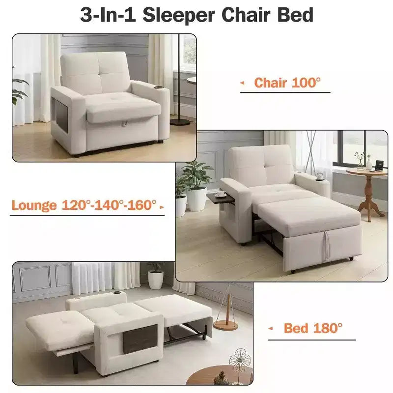 Fauteuil-lit convertible 3-en-1 de 42.5 pouces - canapé-lit inclinable extensible avec dossier réglable, ports de recharge USB, porte-gobelet