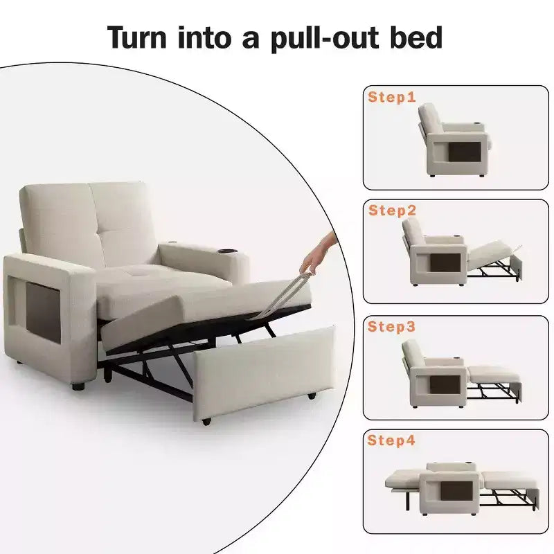 Fauteuil-lit convertible 3-en-1 de 42.5 pouces - canapé-lit inclinable extensible avec dossier réglable, ports de recharge USB, porte-gobelet