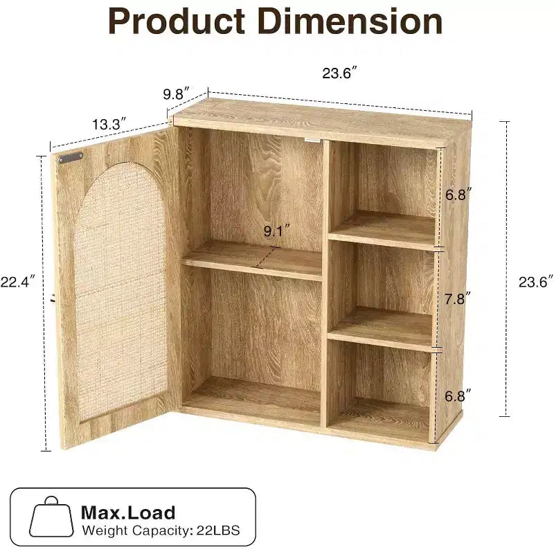 Boho-Wandschrank aus Rattan, gewölbte Tür, offenes Regal, Badezimmer-Aufbewahrungsschrank