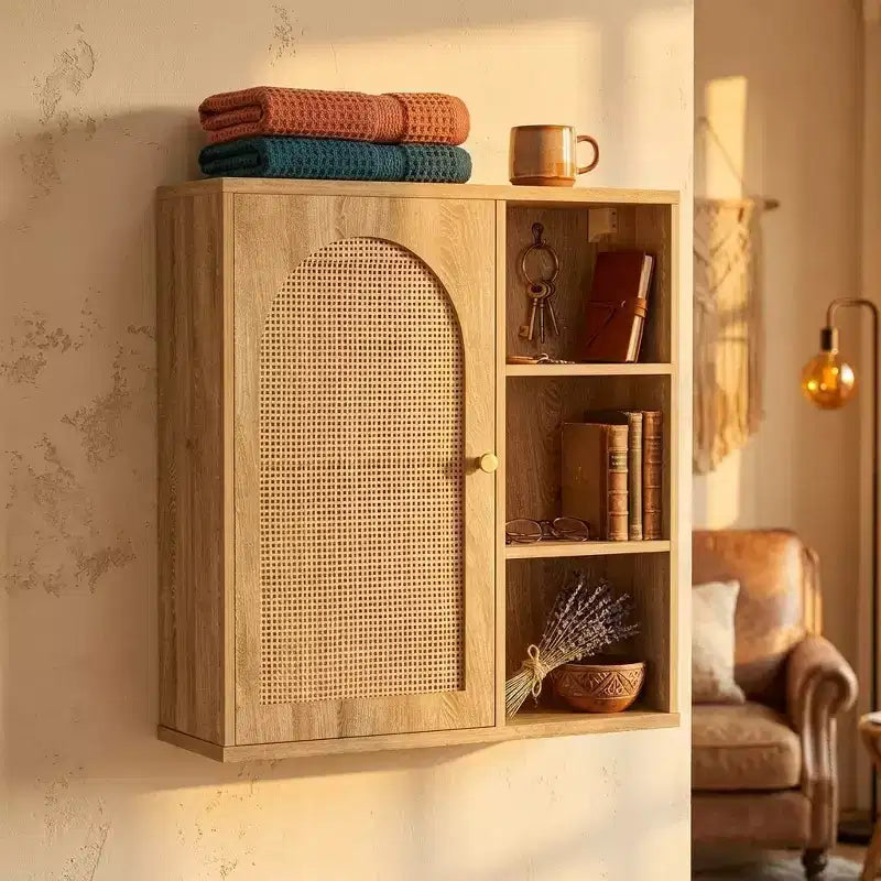 Boho-Wandschrank aus Rattan, gewölbte Tür, offenes Regal, Badezimmer-Aufbewahrungsschrank