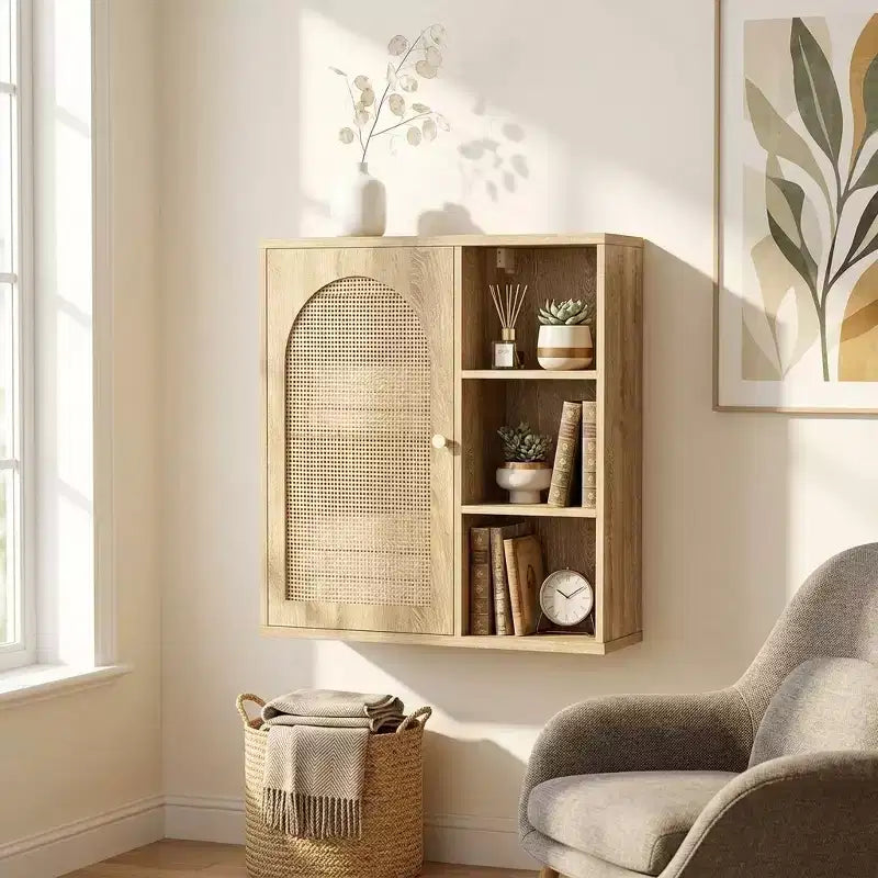 Boho-Wandschrank aus Rattan, gewölbte Tür, offenes Regal, Badezimmer-Aufbewahrungsschrank