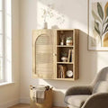 Boho-Wandschrank aus Rattan, gewölbte Tür, offenes Regal, Badezimmer-Aufbewahrungsschrank