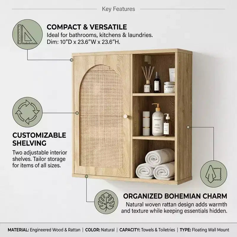 Boho-Wandschrank aus Rattan, gewölbte Tür, offenes Regal, Badezimmer-Aufbewahrungsschrank