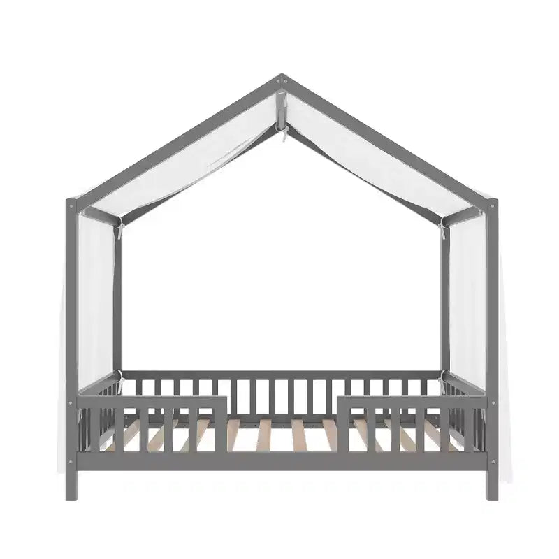 Cadre de lit bas pour lit 1 place, en forme de maison avec rideaux