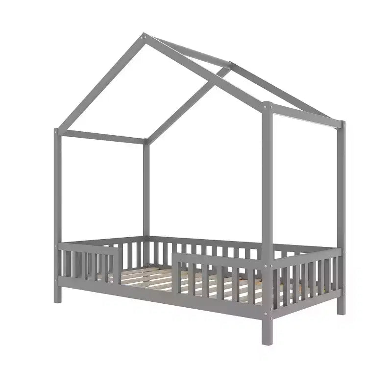 Cadre de lit bas pour lit 1 place, en forme de maison avec rideaux