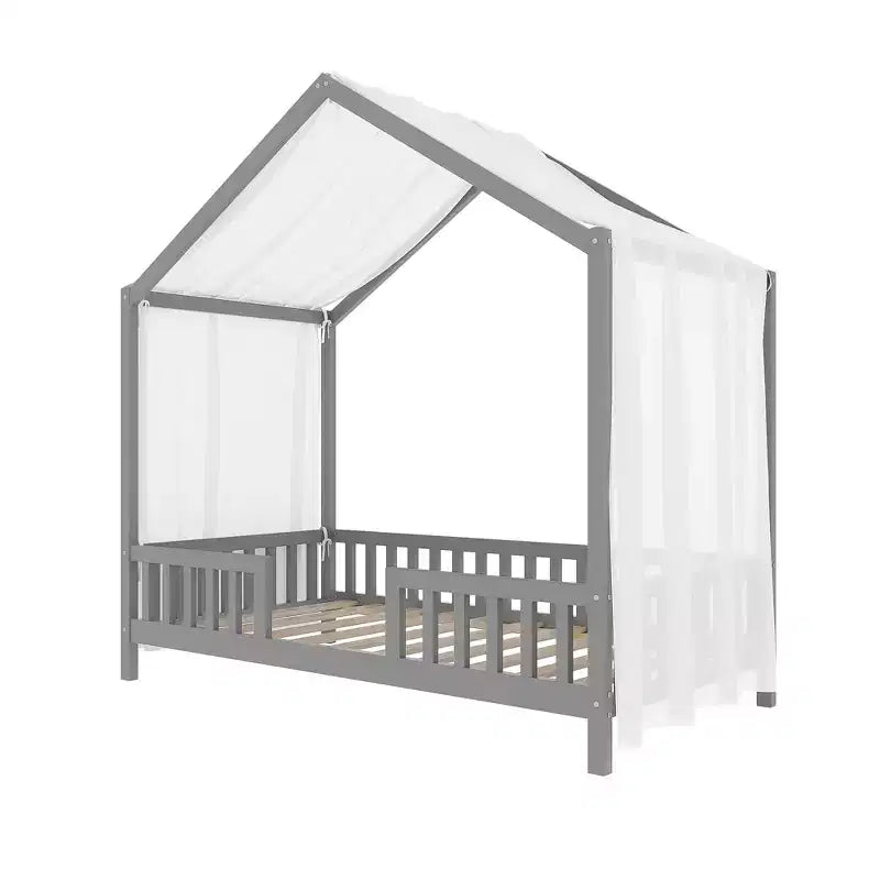 Cadre de lit bas pour lit 1 place, en forme de maison avec rideaux