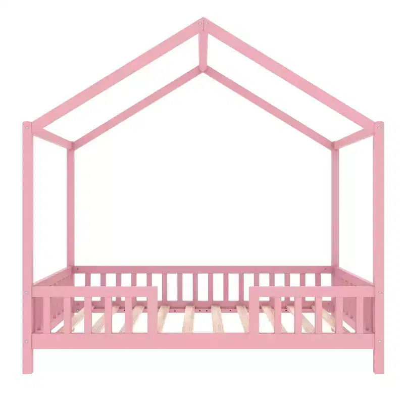 Cadre de lit bas pour lit 1 place, en forme de maison avec rideaux