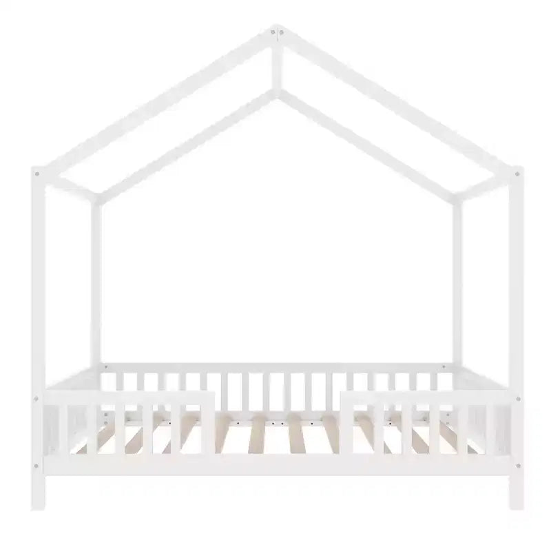 Cadre de lit bas pour lit 1 place, en forme de maison avec rideaux