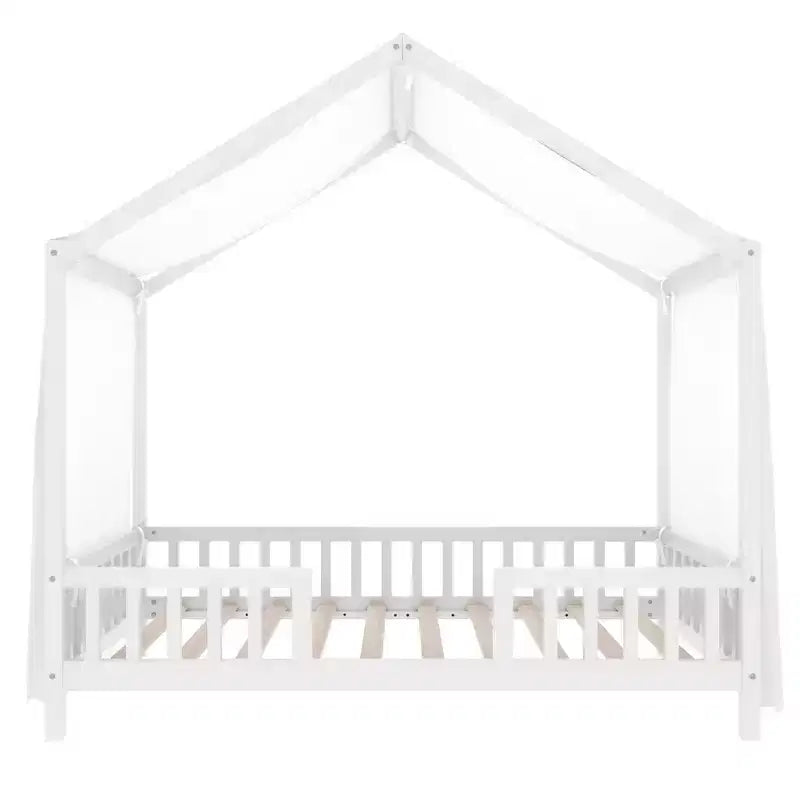 Cadre de lit bas pour lit 1 place, en forme de maison avec rideaux
