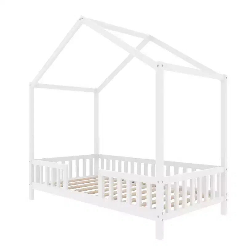 Cadre de lit bas pour lit 1 place, en forme de maison avec rideaux