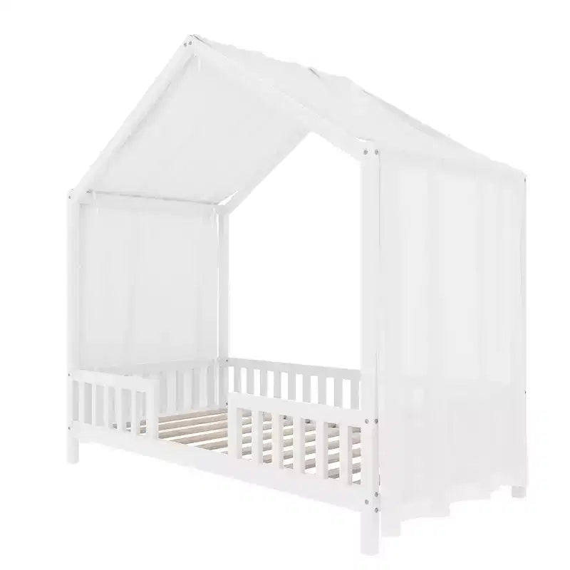 Cadre de lit bas pour lit 1 place, en forme de maison avec rideaux