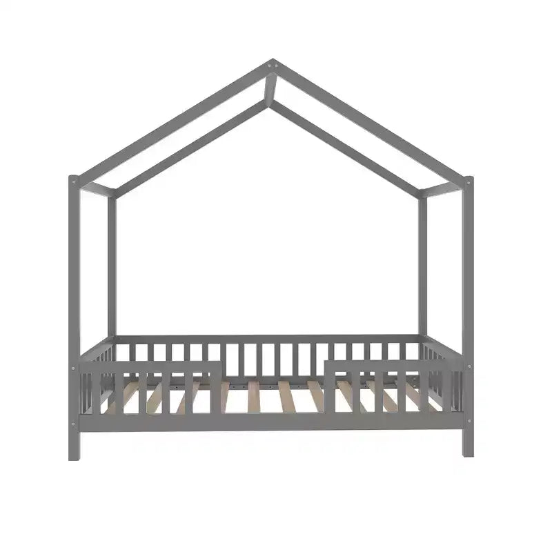 Cadre de lit bas pour lit 1 place, en forme de maison avec rideaux