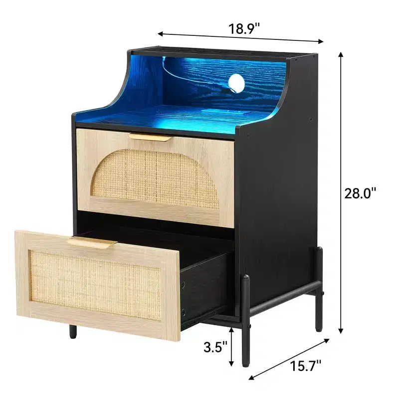 Lot de 2 tables de chevet en bois et rotin, station de recharge et éclairage LED, ports USB/prises, 3 tiroirs en rotin, noires, pour chambre à coucher