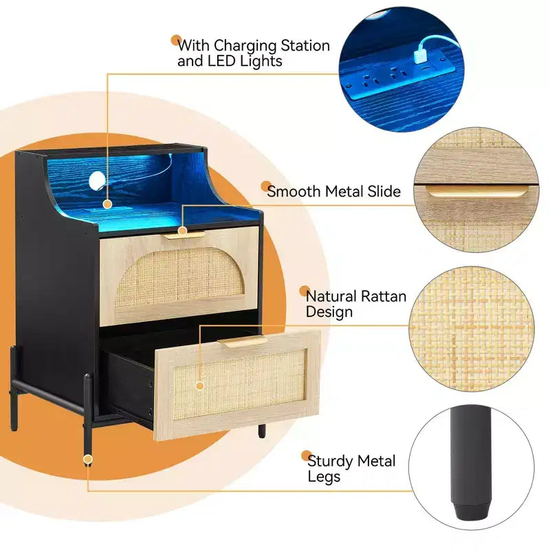 Lot de 2 tables de chevet en bois et rotin, station de recharge et éclairage LED, ports USB/prises, 3 tiroirs en rotin, noires, pour chambre à coucher
