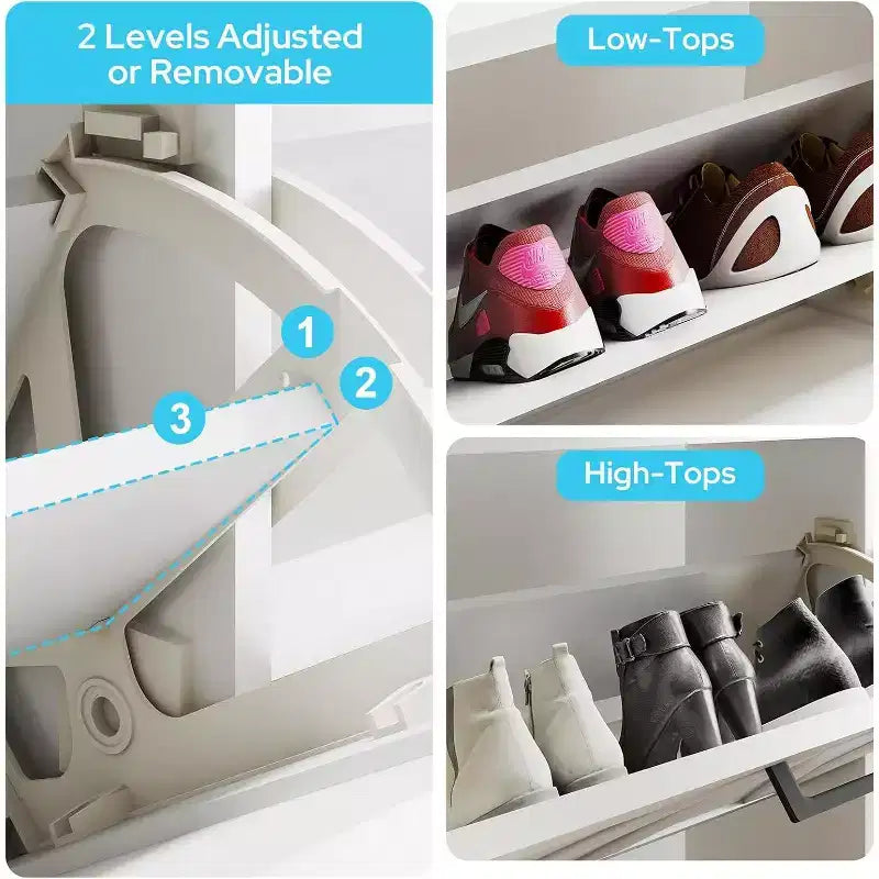 Meuble à chaussures blanc avec 4 tiroirs basculants, rangement à chaussures dissimulé avec étagère réglable pour entrée, couloir et salon