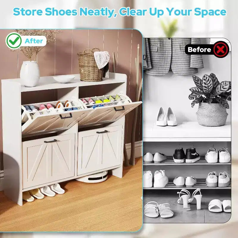 Meuble à chaussures blanc avec 4 tiroirs basculants, rangement à chaussures dissimulé avec étagère réglable pour entrée, couloir et salon