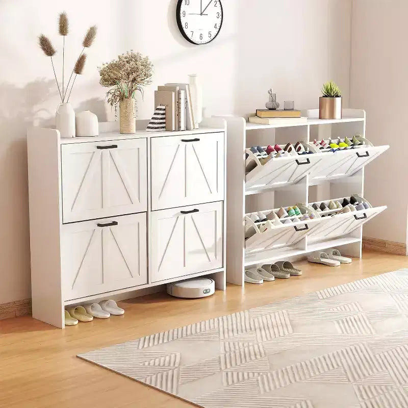 Meuble à chaussures blanc avec 4 tiroirs basculants, rangement à chaussures dissimulé avec étagère réglable pour entrée, couloir et salon
