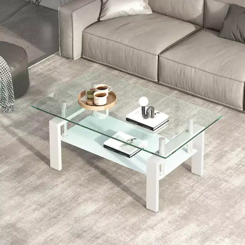 Table basse en verre transparent trempé, table centrale moderne à 2 niveaux avec rangement pour le salon