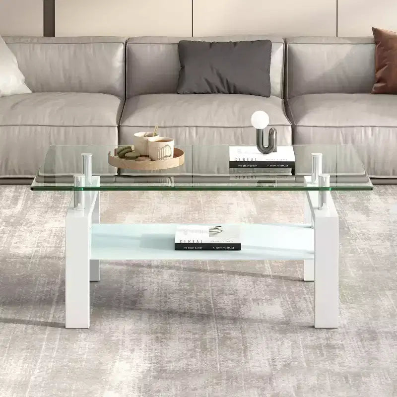 Table basse en verre transparent trempé, table centrale moderne à 2 niveaux avec rangement pour le salon