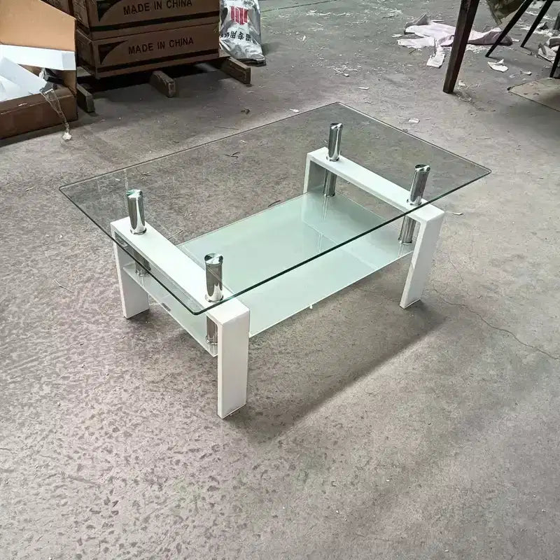 Couchtisch aus klarem Hartglas, moderner zweistöckiger Wohnzimmertisch mit Stauraum
