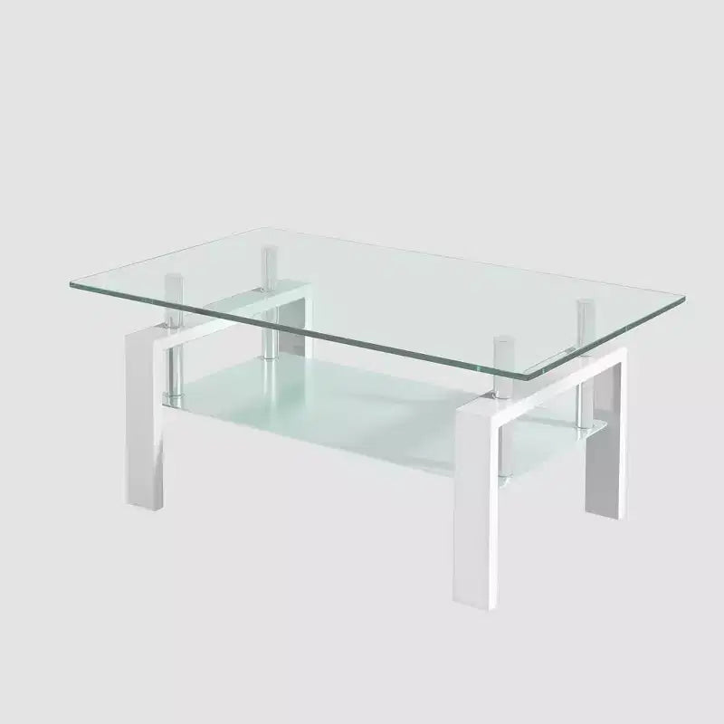 Table basse en verre transparent trempé, table centrale moderne à 2 niveaux avec rangement pour le salon