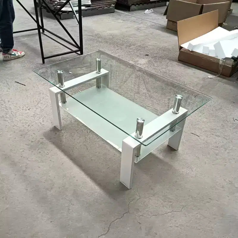 Table basse en verre transparent trempé, table centrale moderne à 2 niveaux avec rangement pour le salon