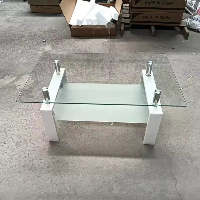 Table basse en verre transparent trempé, table centrale moderne à 2 niveaux avec rangement pour le salon