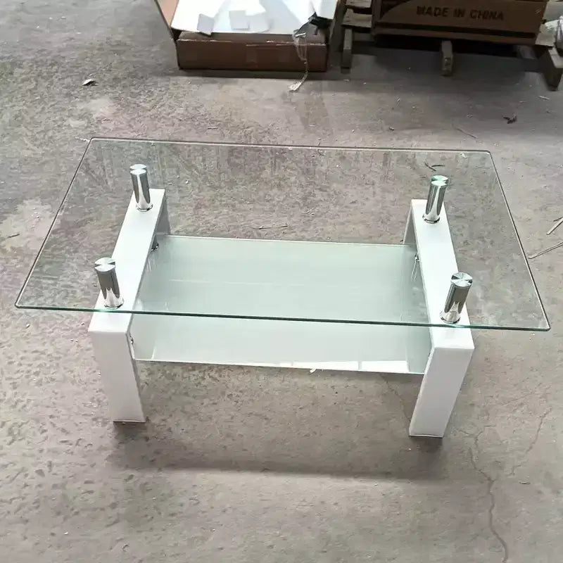 Table basse en verre transparent trempé, table centrale moderne à 2 niveaux avec rangement pour le salon