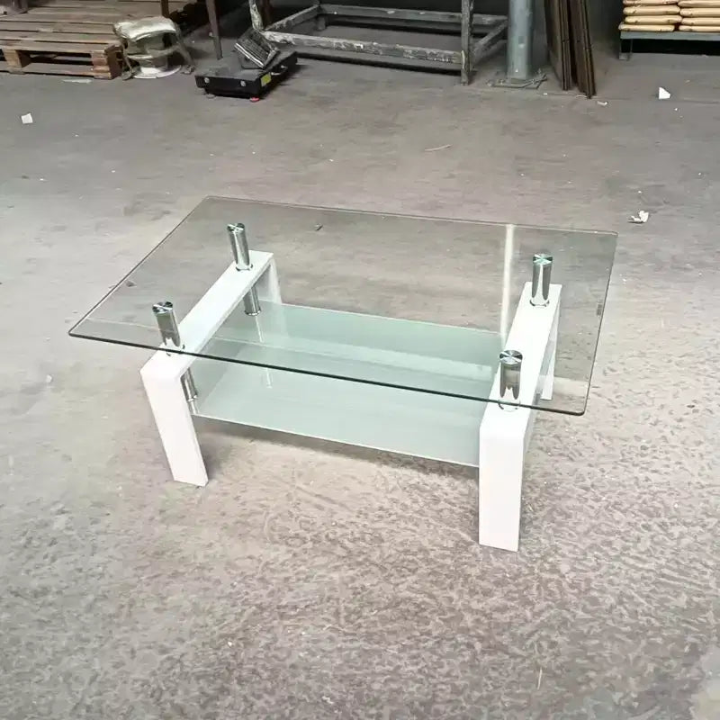 Table basse en verre transparent trempé, table centrale moderne à 2 niveaux avec rangement pour le salon