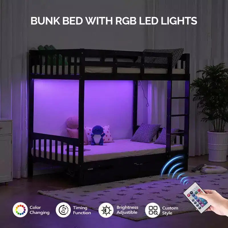 Schwarzes Etagenbett aus Massivholz für zwei Personen mit Ladestation, RGB-LEDs, 2 Schubladen, Sicherheitsgeländern und Leitern, zu 2 Einzelbetten umbaubar