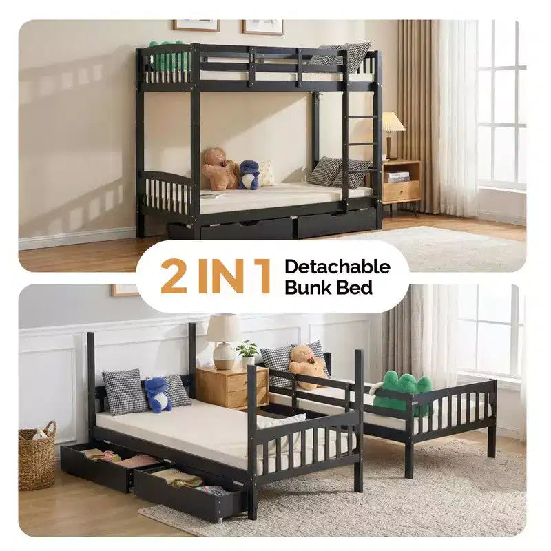 Lit superposé pour deux personnes en bois massif noir avec station de recharge, LED RVB, 2 tiroirs, barrière de sécurité et échelles, convertible en 2 lits séparés