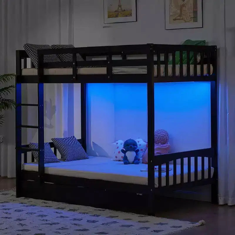Lit superposé pour deux personnes en bois massif noir avec station de recharge, LED RVB, 2 tiroirs, barrière de sécurité et échelles, convertible en 2 lits séparés