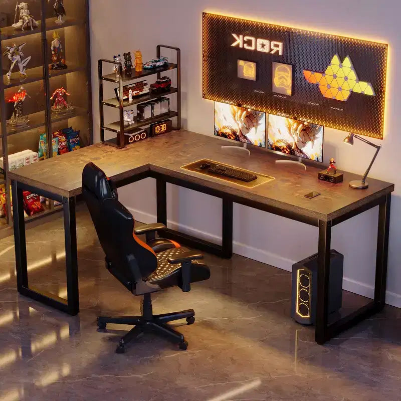 Escritorio esquinero en L de 66 pulgadas para computadora, tablero extragrueso de 1.2, estructura metálica resistente, estación de trabajo para oficina en casa, videojuegos, escritura y trabajo, marrón rústico