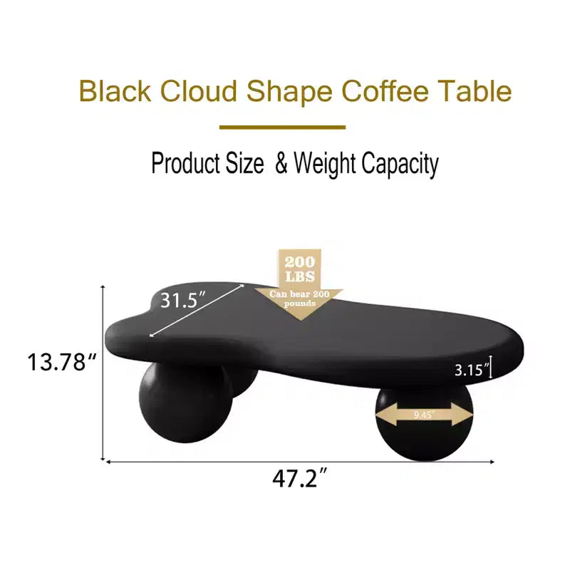 47 Zoll großer Couchtisch in Wolkenform mit Kugelbeinen, moderner, unregelmäßig geformter Wohnzimmertisch, schwarz