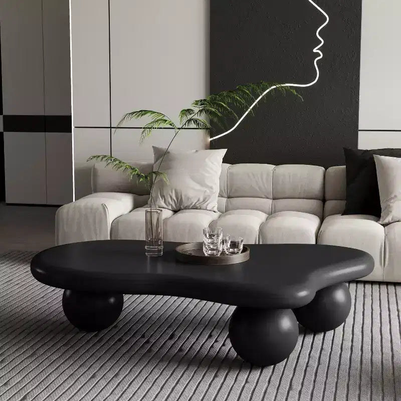 47 Zoll großer Couchtisch in Wolkenform mit Kugelbeinen, moderner, unregelmäßig geformter Wohnzimmertisch, schwarz