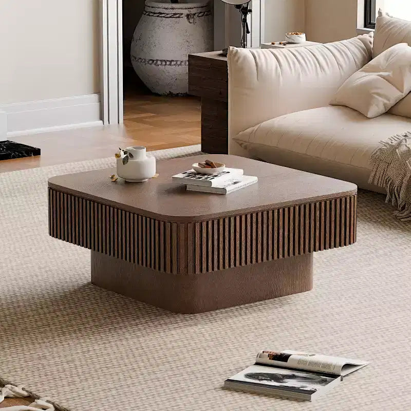 Table basse carrée avec rangement, table centrale moderne en bois pour le salon, noyer