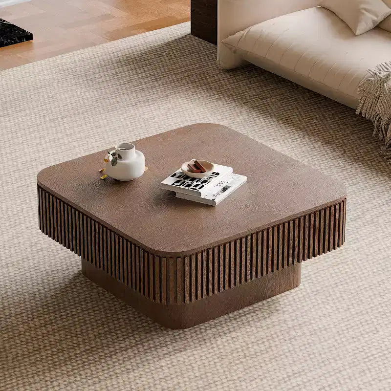 Table basse carrée avec rangement, table centrale moderne en bois pour le salon, noyer