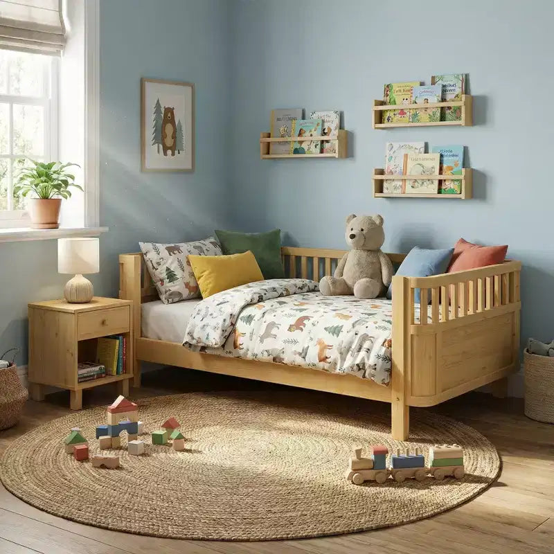 Niedriges Plattformbett aus Holz für Kinder, mit Sicherheitsgittern, natürliches Holz für Jungen und Mädchen