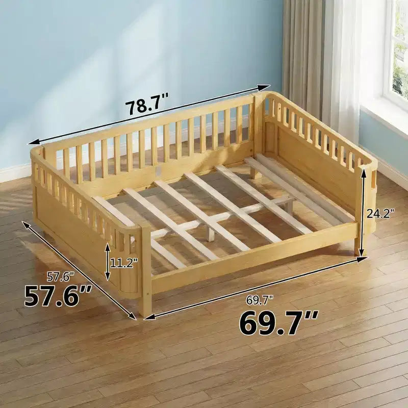 Niedriges Plattformbett aus Holz für Kinder, mit Sicherheitsgittern, natürliches Holz für Jungen und Mädchen