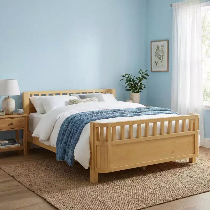 Niedriges Plattformbett aus Holz für Kinder, mit Sicherheitsgittern, natürliches Holz für Jungen und Mädchen