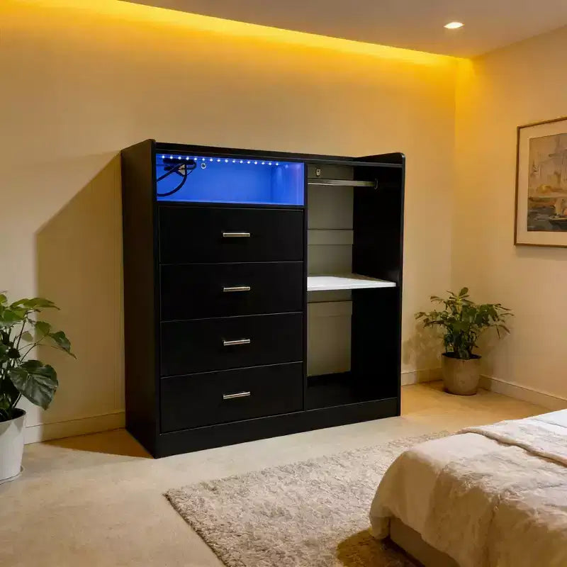 Cómoda moderna con LED y armario abierto, 4 cajones y diseño que ahorra espacio