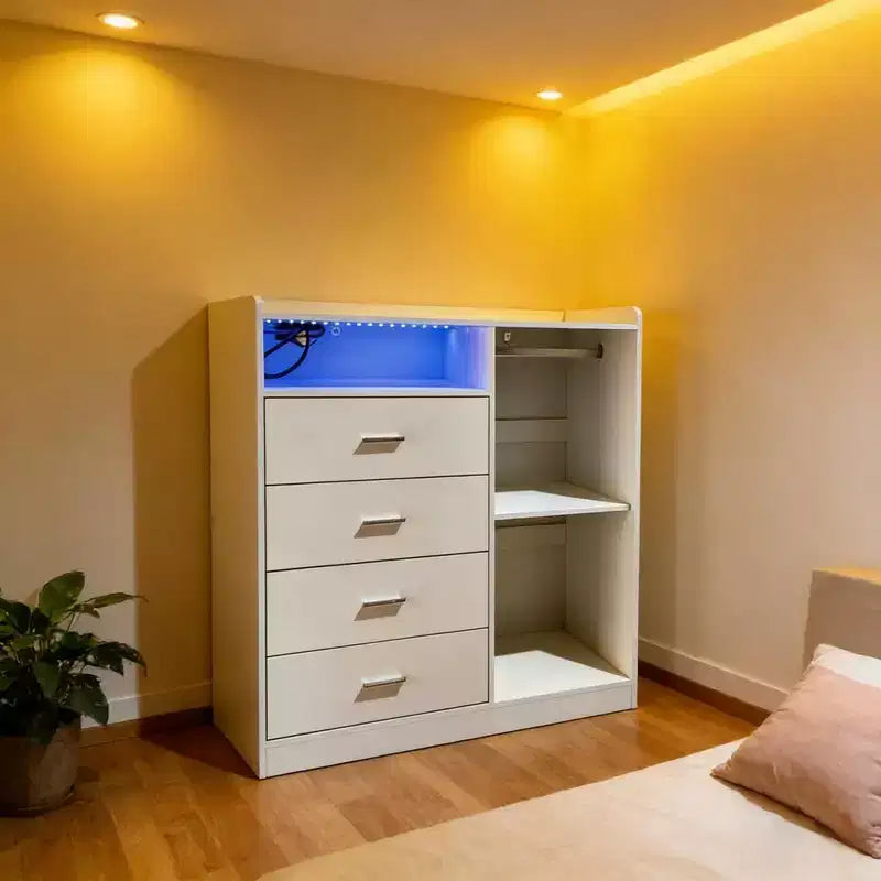 Commode moderne à LED avec penderie ouverte, 4 tiroirs et conception gain de place