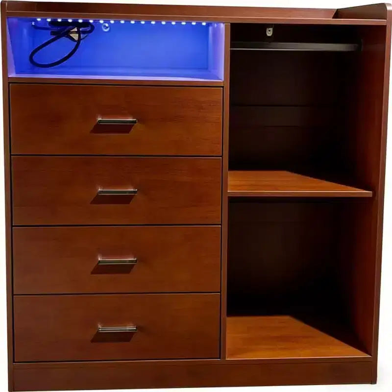 Commode moderne à LED avec penderie ouverte, 4 tiroirs et conception gain de place